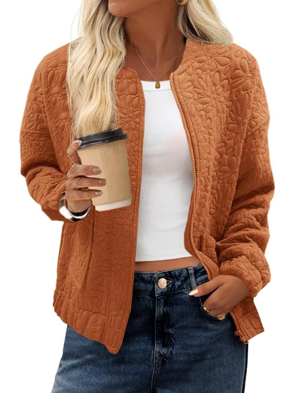 Women's Red&Brown Jacquard Bomber Jacket Zip Up Lightweight Casual Fall Coat